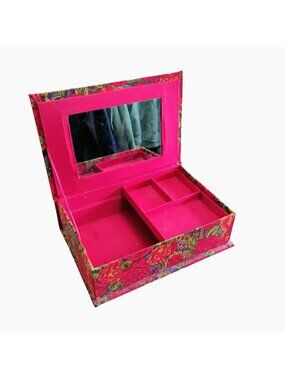 Vintage Floral Fabric-Covered Jewelry Box With Mirror & Compartments 11.5"